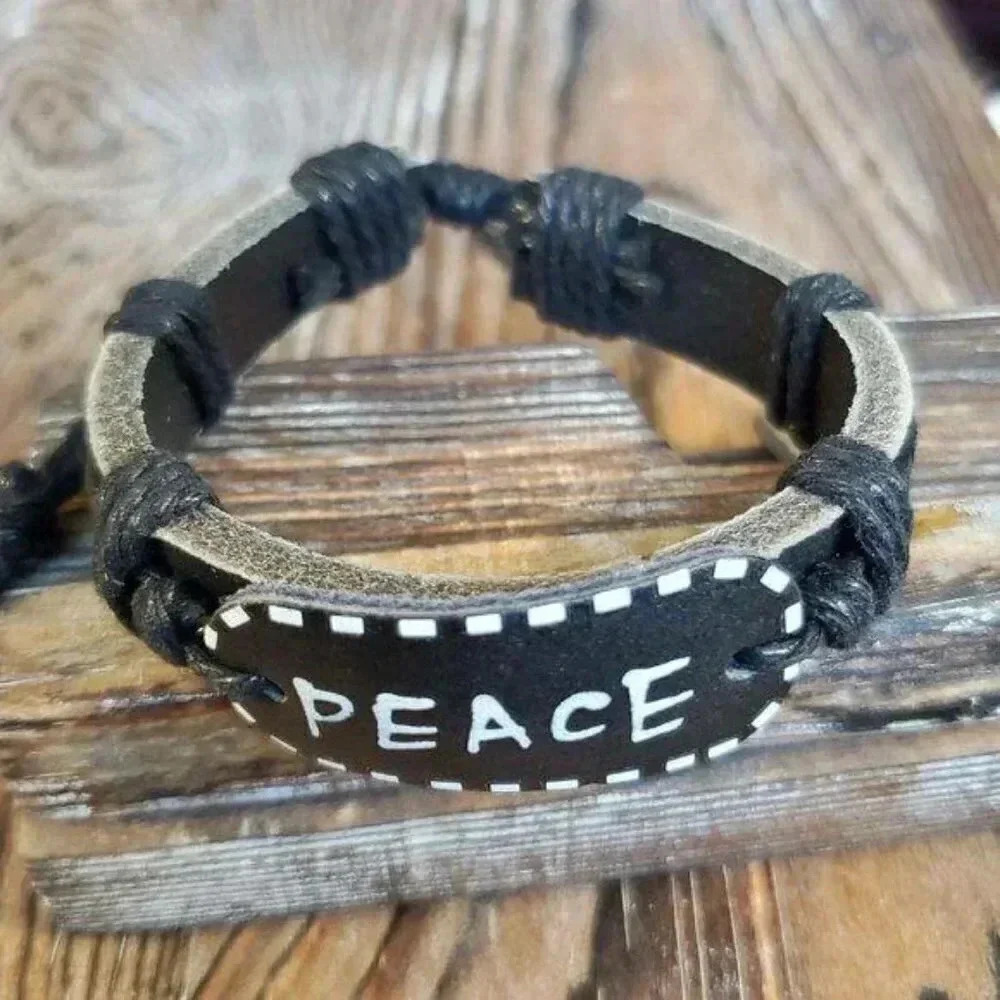 Handmade Leather Peace Affirmation Bracelet Black - Picture 1 of 6